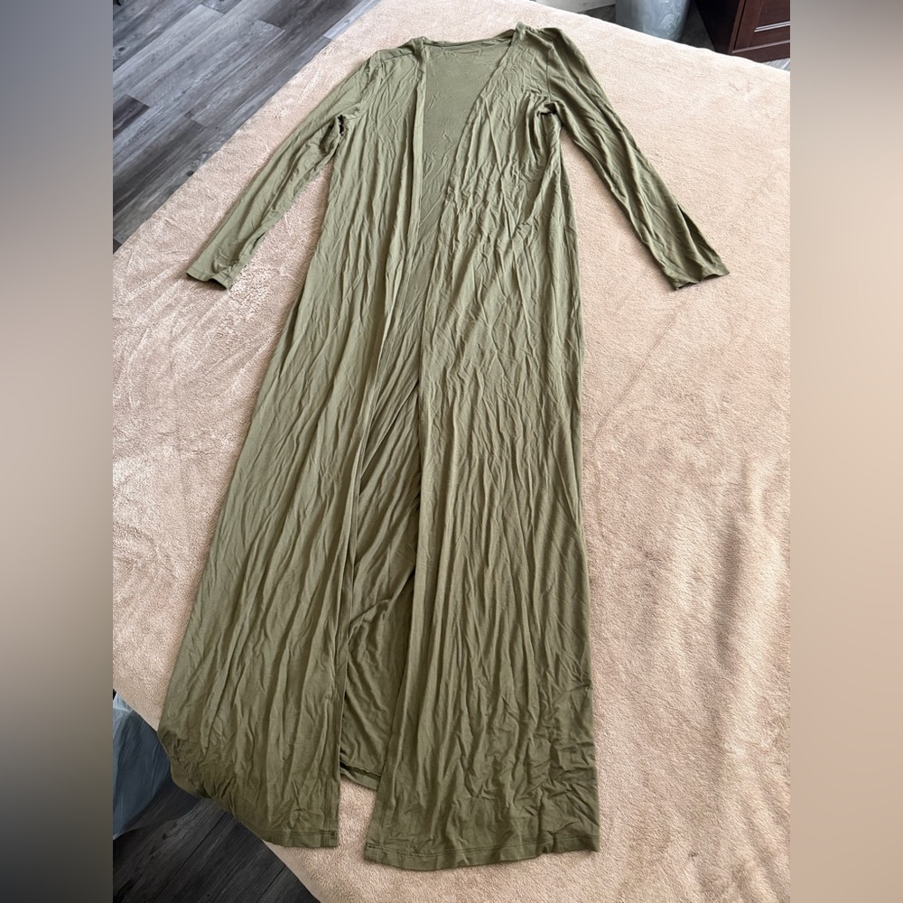 Olive Green Longline Maxi Cardigan Cape with Leggings and Crop Top